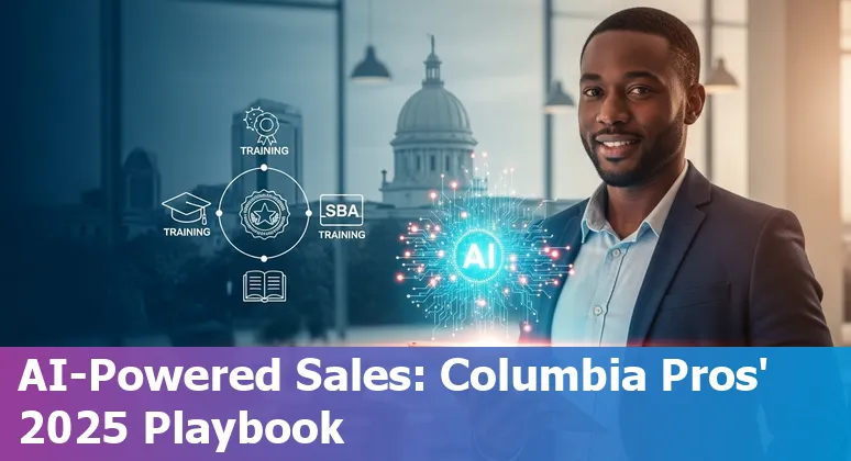 Sales professional using AI tools with Columbia, South Carolina skyline and Heyward Career Center in the background