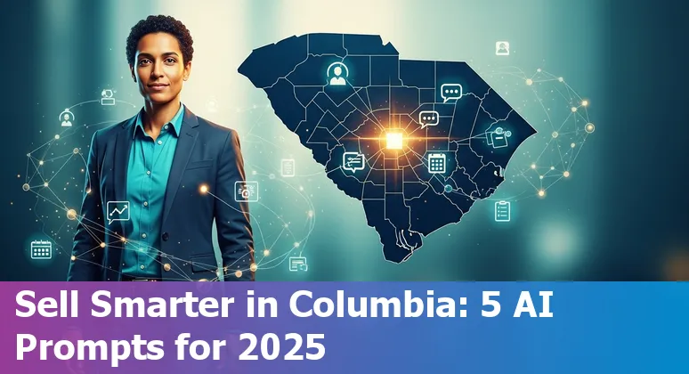 Sales professional in Columbia, SC using AI prompts on laptop with I-26 and city skyline image in background
