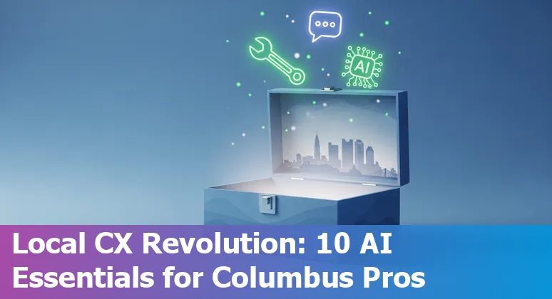 Collage of AI customer service tools logos with Columbus skyline in the background
