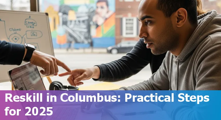 Columbus, Ohio customer service agent working with AI tools in 2025, showing a hybrid human-AI setup in Ohio.