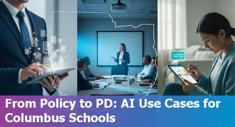Educator using AI tools on laptop with Columbus skyline overlay and educational icons.