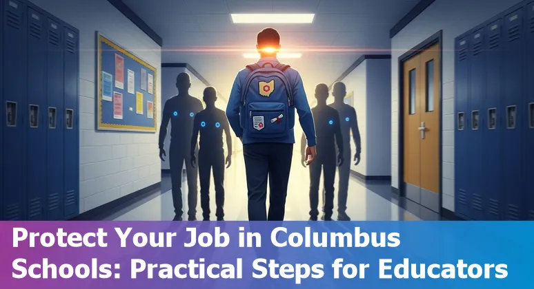Columbus school building with AI icons overlay showing teachers, librarians, and admin roles at risk from AI
