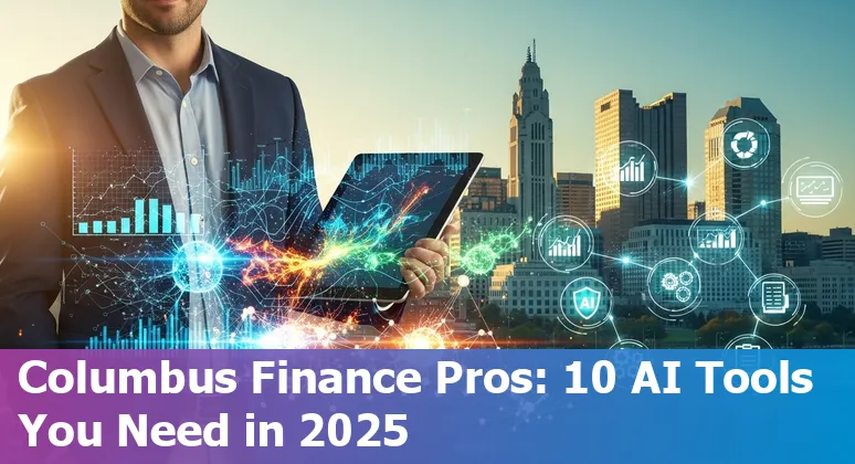 Collage of AI icons and finance visuals over Columbus skyline representing top AI tools for finance in 2025.