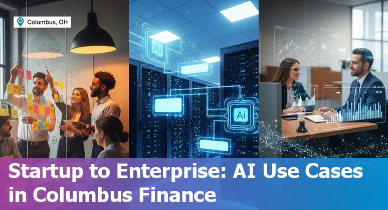 Columbus skyline with fintech icons representing Nationwide, Mantium, H2O.ai and AI use cases in financial services.