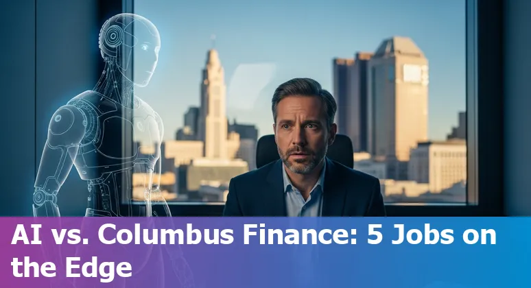Columbus skyline with icons for AI, banking, and upskilling representing at-risk financial jobs and reskilling pathways