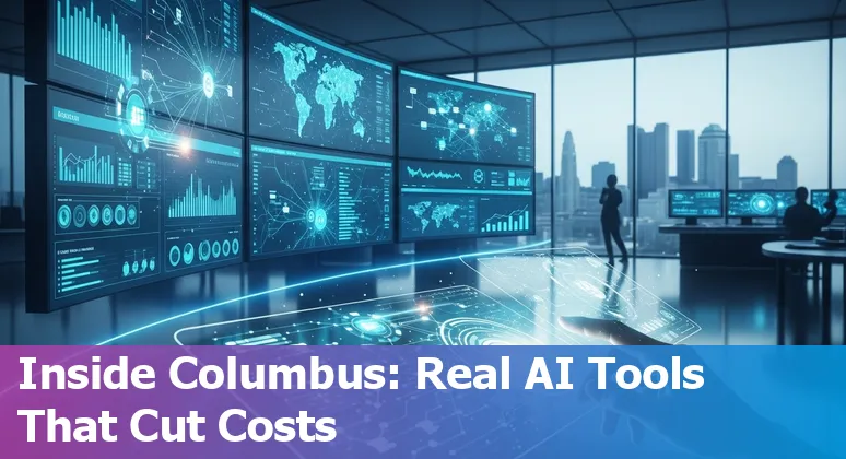 Columbus, Ohio city hall with AI and gears overlay showing government efficiency improvements in Ohio