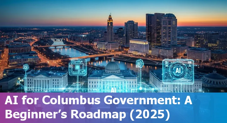 Illustration of AI in Columbus, Ohio government: skyline, servers, and community icons, Columbus, Ohio, US