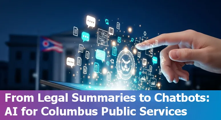 Columbus city hall silhouette with AI icons for chatbots, models, legal documents, and training tools