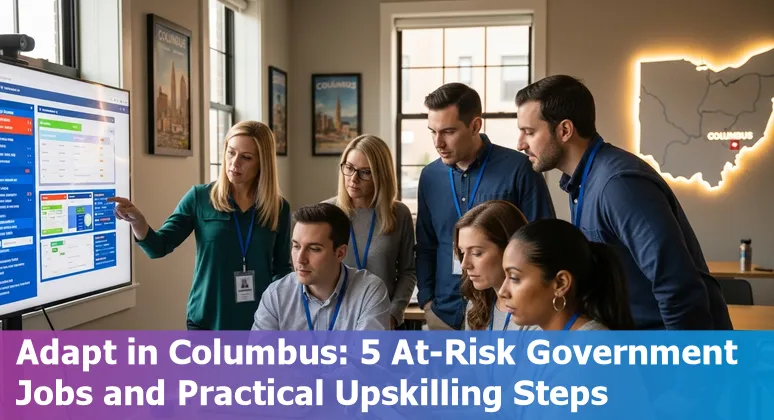 Columbus government workers reviewing AI adoption plans with laptop and Ohio state building in background