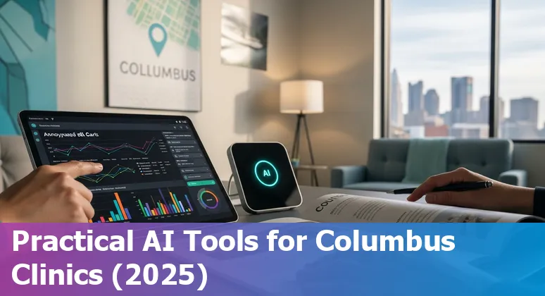 AI in healthcare illustration showing Columbus, Ohio skyline with hospital and AI icons