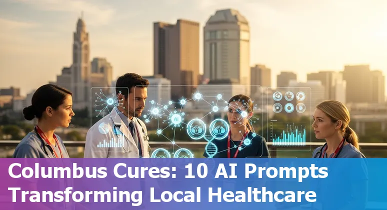 Columbus skyline with healthcare AI icons: Nationwide, Ohio State, EHR, imaging, voice assistant.