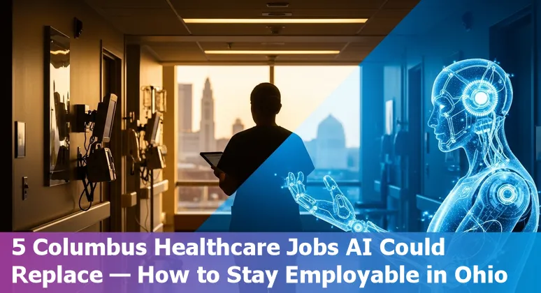 Columbus healthcare worker using AI-assisted laptop in a hospital corridor, overlay of job titles at risk