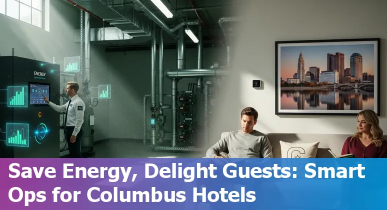 Hotel staff using AI dashboard with Columbus skyline and Nationwide Arena in background