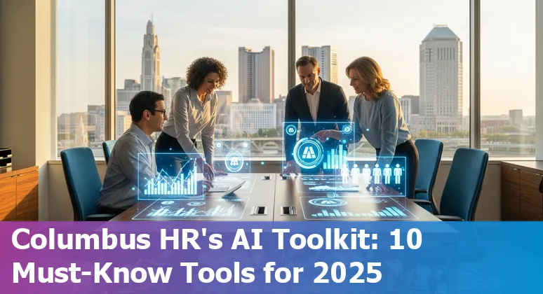 Columbus HR professional reviewing AI tools on a laptop with Ohio skyline in the background