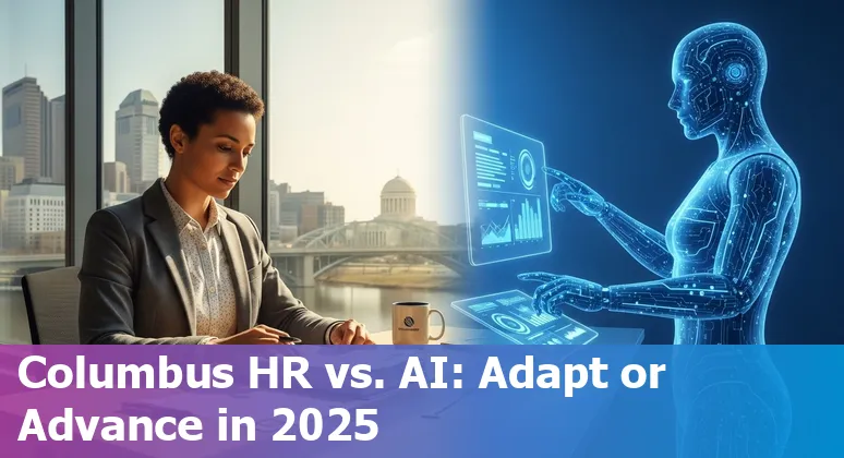 HR professional using AI tools on laptop in Columbus, Ohio skyline visible, 2025