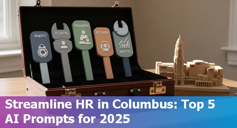 HR professional using AI prompts on a laptop, Columbus skyline faintly in background.