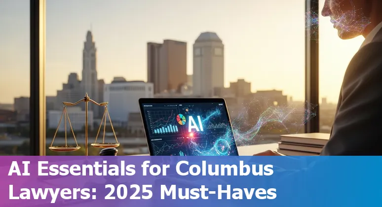 Collage of legal AI tool logos (Casetext, ChatGPT, Claude, Gavel, Diligen, Spellbook, Harvey, Smith.ai, Everlaw, Ontra) over Columbus skyline.