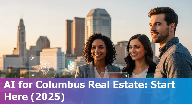 Real estate agent using AI tools on laptop with Columbus, Ohio skyline in 2025