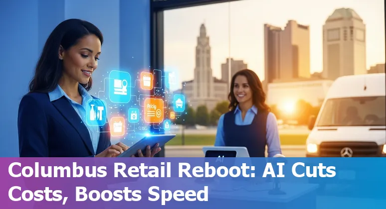 Retail employees using AI dashboards and robots in a Columbus, Ohio store — AI helps cut costs and boost efficiency in Columbus, OH.