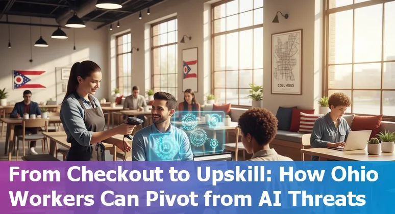 Retail worker with self-checkout kiosk and AI icon overlay — adapting jobs in Columbus, Ohio
