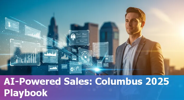 Sales professional using AI tools on a laptop in Columbus, Ohio skyline background, 2025