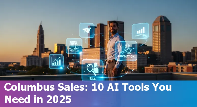 Sales professional in Columbus using AI tools on laptop with skyline in background