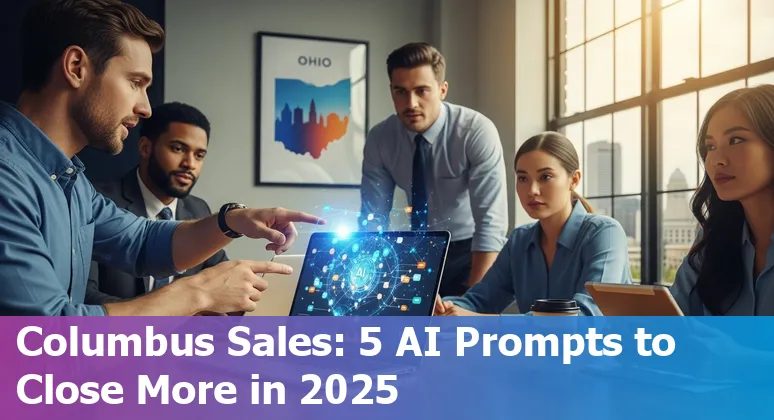 Sales professional using AI prompts on laptop with Columbus skyline in background
