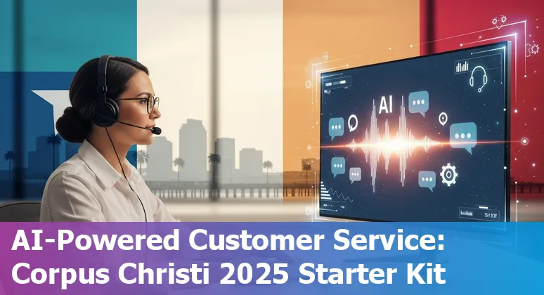 Customer service rep using AI tools in an office with Corpus Christi, Texas skyline visible
