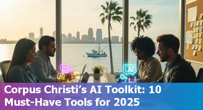 Customer service team in Corpus Christi using AI tools on laptops with maritime port in background