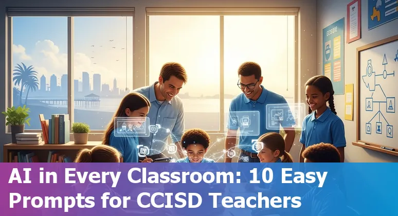 Teacher using AI prompts on a laptop in a Corpus Christi classroom, with students and bilingual materials visible.