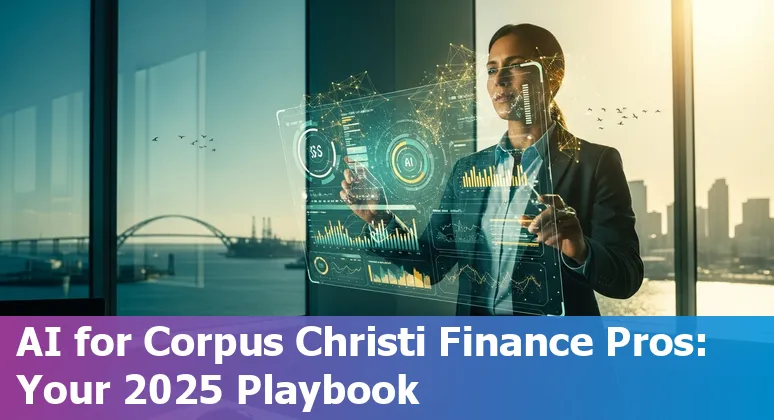 Finance professional using AI dashboard with Corpus Christi, TX skyline in background