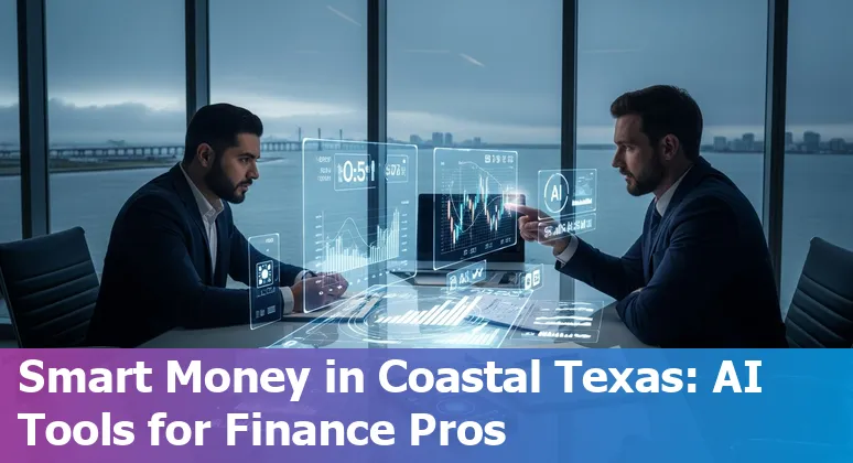 Businessperson using AI tools on laptop with Corpus Christi skyline and port in the background.