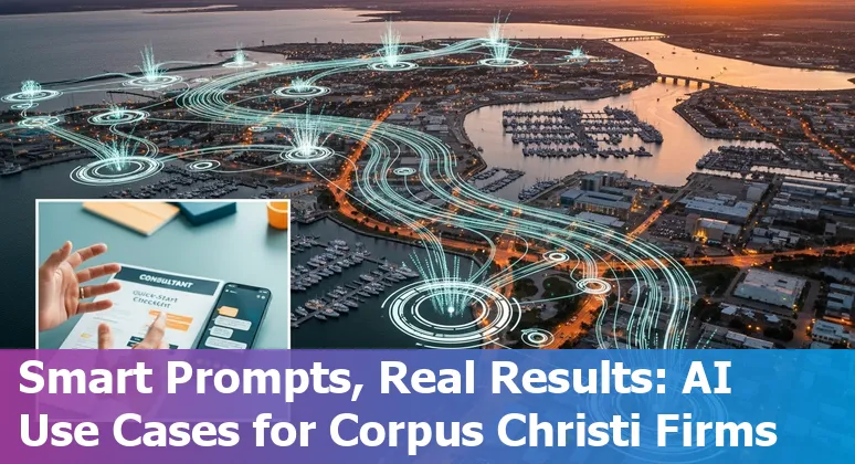 Financial services professionals in Corpus Christi using AI chatbots and analytics with port and energy icons in background