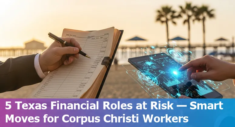 Corpus Christi skyline with financial icons and AI automation symbols representing at‑risk financial services jobs.