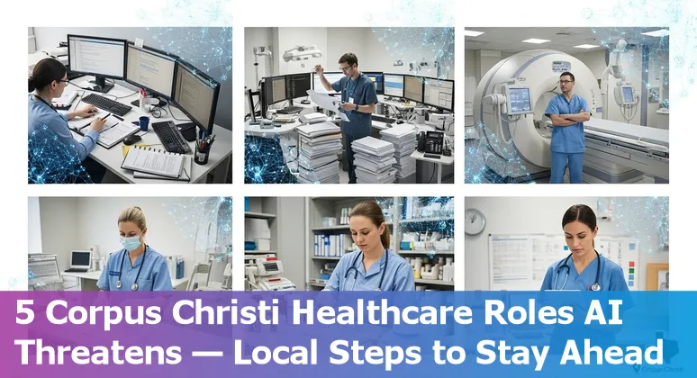 Healthcare workers in Corpus Christi discussing retraining options with AI automation visuals in background