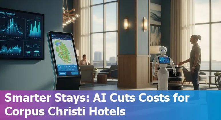 Hotel lobby with AI kiosk and Corpus Christi, Texas skyline visible — AI helping local hospitality cut costs and improve efficiency