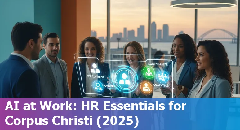 HR professional using AI tools at a Corpus Christi, Texas office; TAMU-CC policies and local resources visible