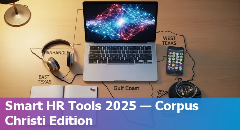 HR professional using AI tools dashboard with Corpus Christi skyline in the background