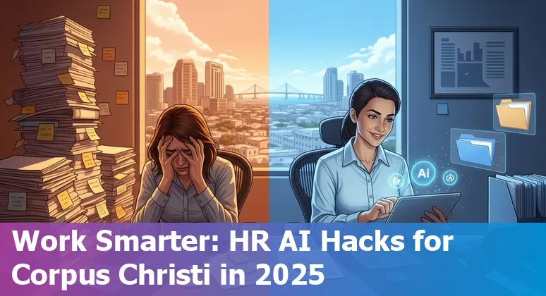 HR professional using AI prompts on a laptop in Corpus Christi office with skyline in background