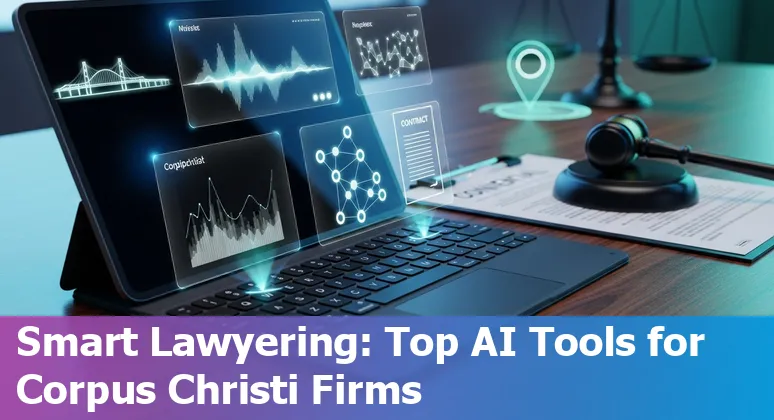 Collage of AI icons and legal imagery over a Corpus Christi skyline, showing contracts, scales of justice, and court analytics.