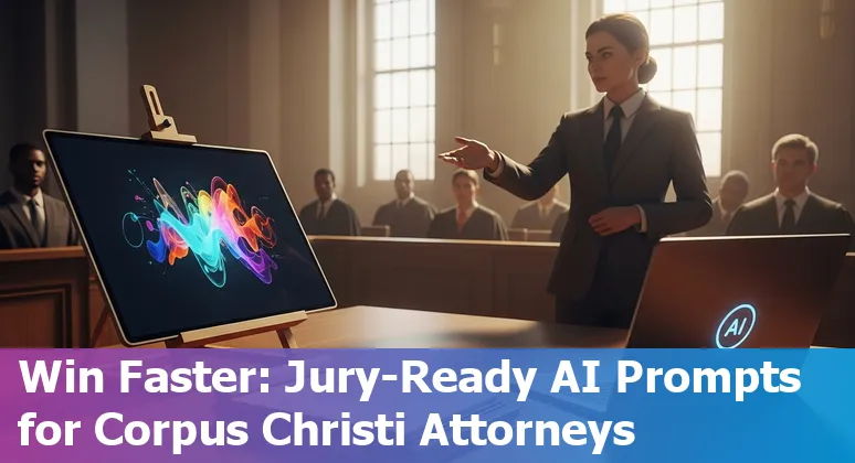 Attorney using AI prompts on laptop in a Corpus Christi courtroom setting