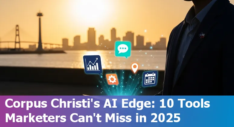 Corpus Christi marketer using AI tools on laptop with skyline and Gulf Coast in background