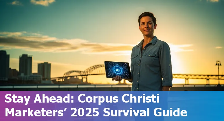 Corpus Christi, Texas marketers using AI tools with Coastal Bend skyline in background; 2025 preparedness and career adaptation.