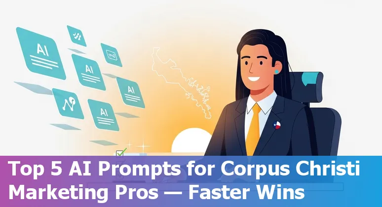 Corpus Christi marketer using AI prompts on a laptop with skyline and Gulf Coast in background