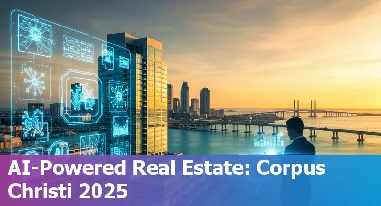Skyline and waterfront buildings in Corpus Christi, Texas with AI data overlays illustrating real estate insights in 2025