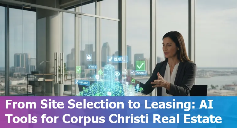 Corpus Christi waterfront condo with AI icons overlay showing real estate data, virtual tour, and analytics.