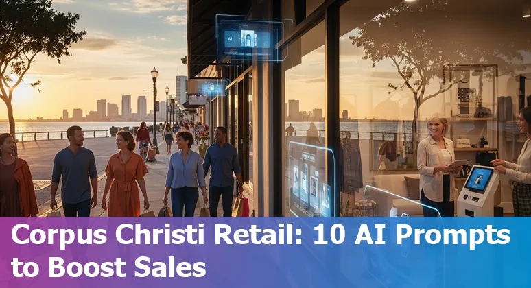 Retail store in Corpus Christi with AI icons for recommendations, inventory, and chatbots overlayed on storefront image.