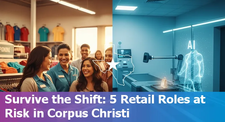 Retail worker in Corpus Christi using a tablet at a store checkout; AI icons overlay.