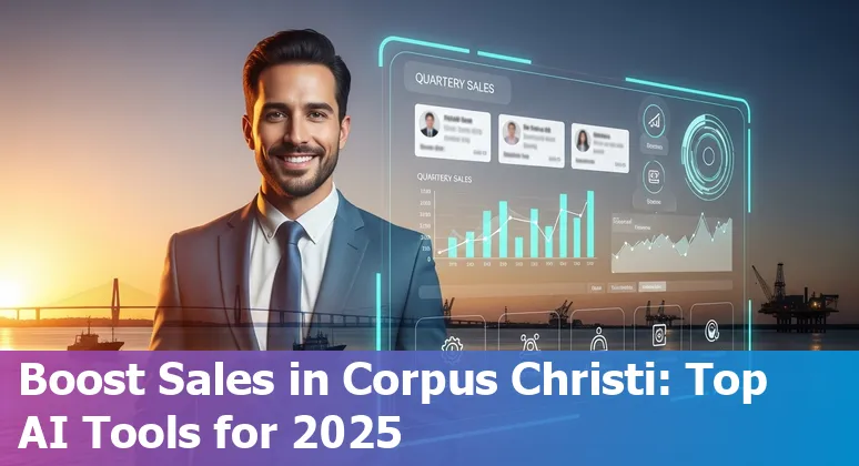 Corpus Christi sales team using AI tools on laptops overlooking coastal skyline