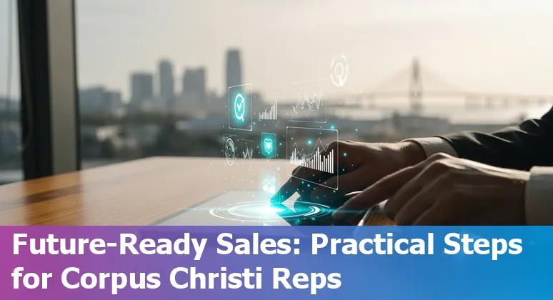 Sales professional and AI tools on laptop in Corpus Christi, Texas skyline background